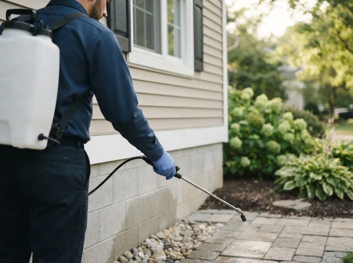 Pest control technician inspecting a home in Wilson, NY